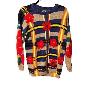 Vintage Grandma Knit Sweater Women's Medium Multicolor‎ Crewneck Floral 90s